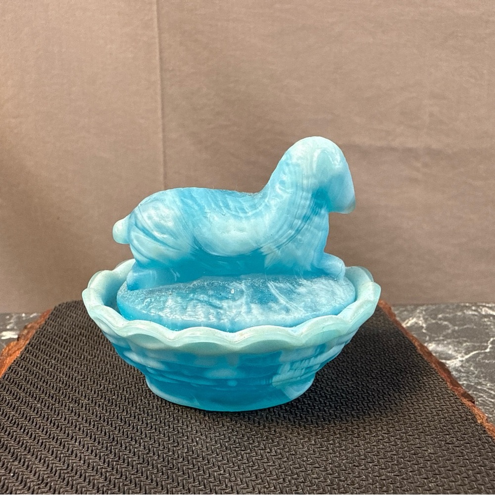 Vintage Blue Boyds Nesting Lamb Mini Glass Dish